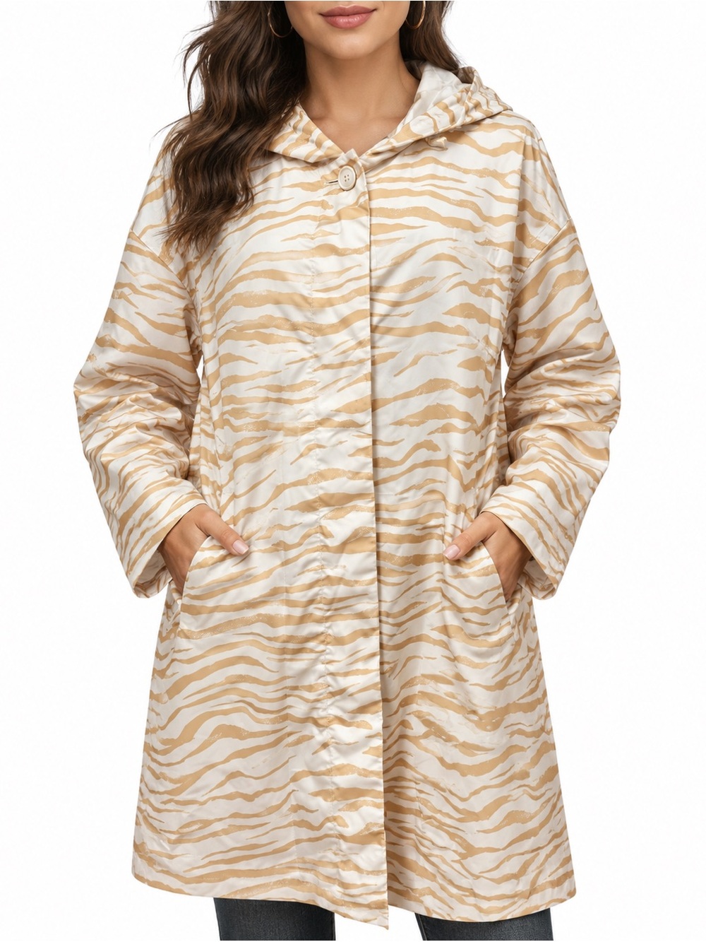 Ava & Viv Beige Zebra-Stripe Hooded Trench Rain Coat 0X